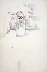 Vase mit Blumen auf einem Fensterbrett, ca. 1890